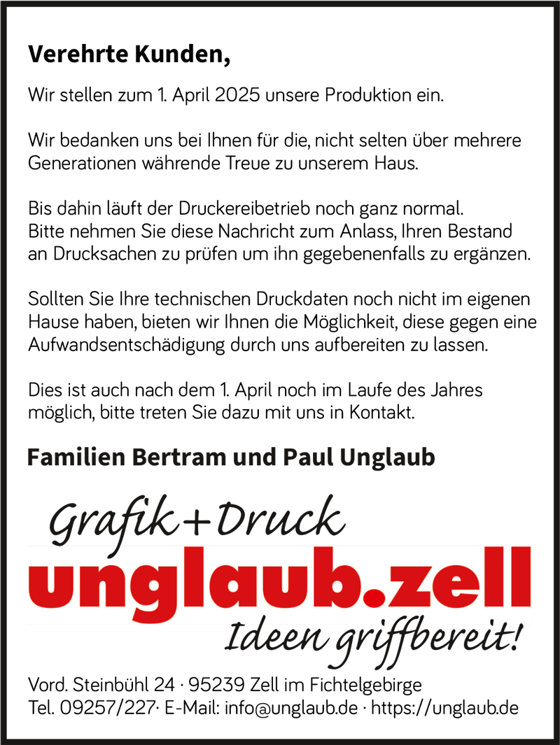 Betriebsaufgabe unglaub.zell